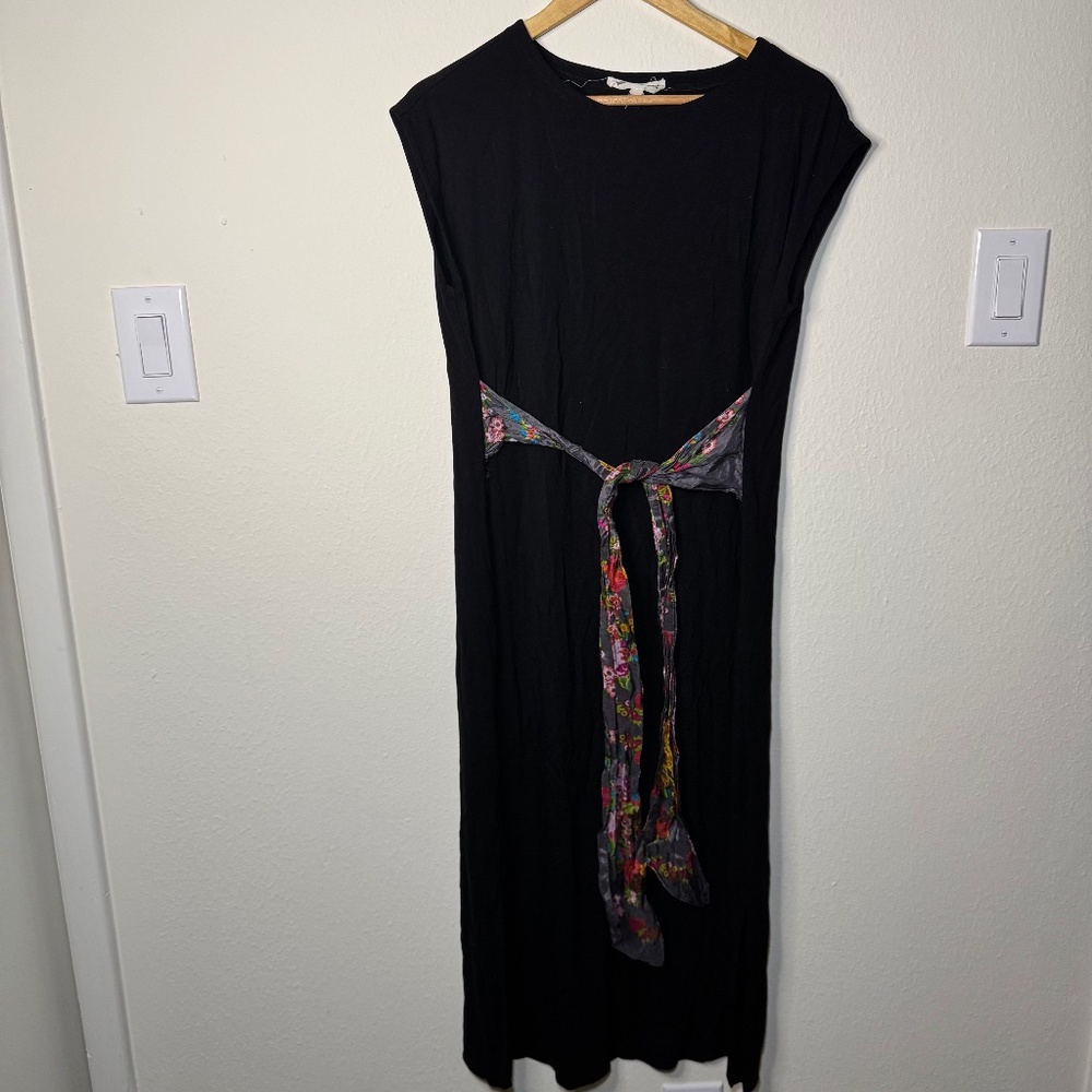 Johnny Was Calme Dress Women's SM Black Midi Floral Silk Scarf Tie Boho
